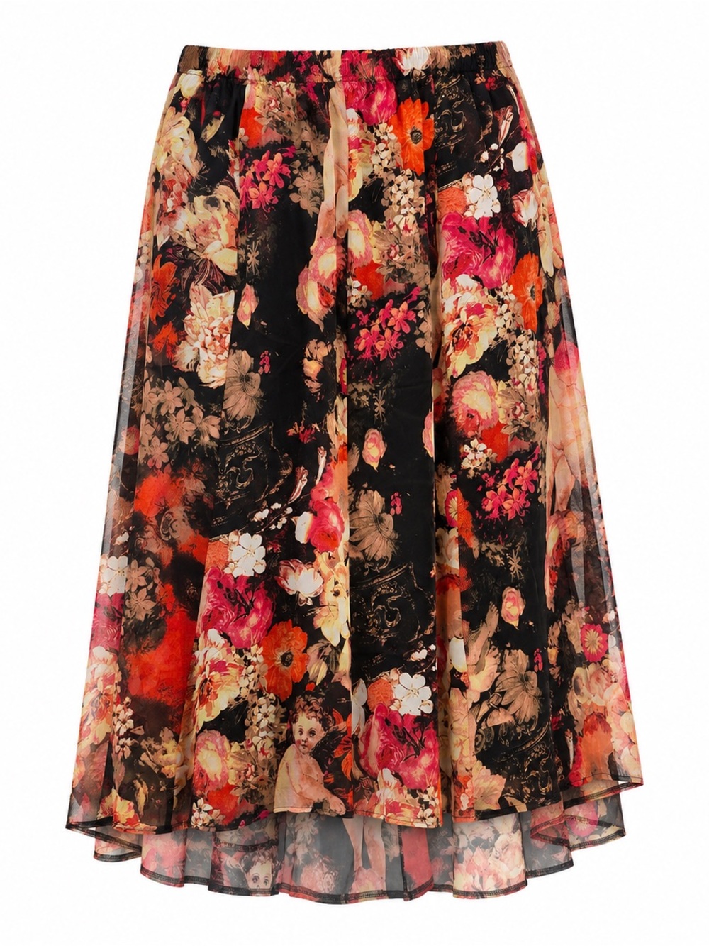 Antthony Black Maxi Skirt with Pink, Orange & Cream Floral Design